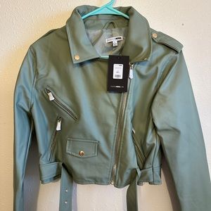 Fashion Nova Sage Faux Leather Moto Jacket Size L